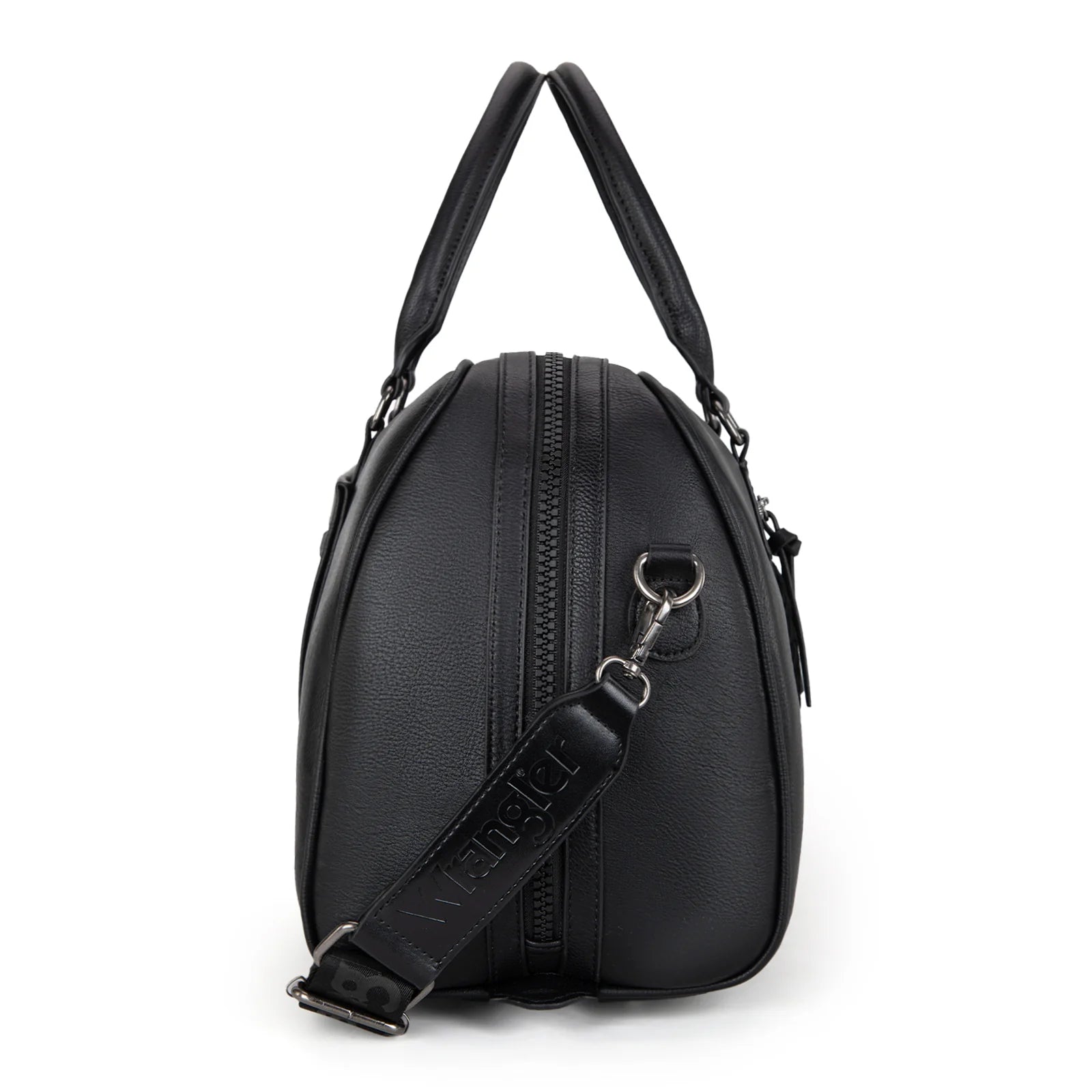 Side look of Black Wrangler duffle bag with whipstitch details, PU leather material, top zipper, front pocket, and detachable guitar-style shoulder strap.
