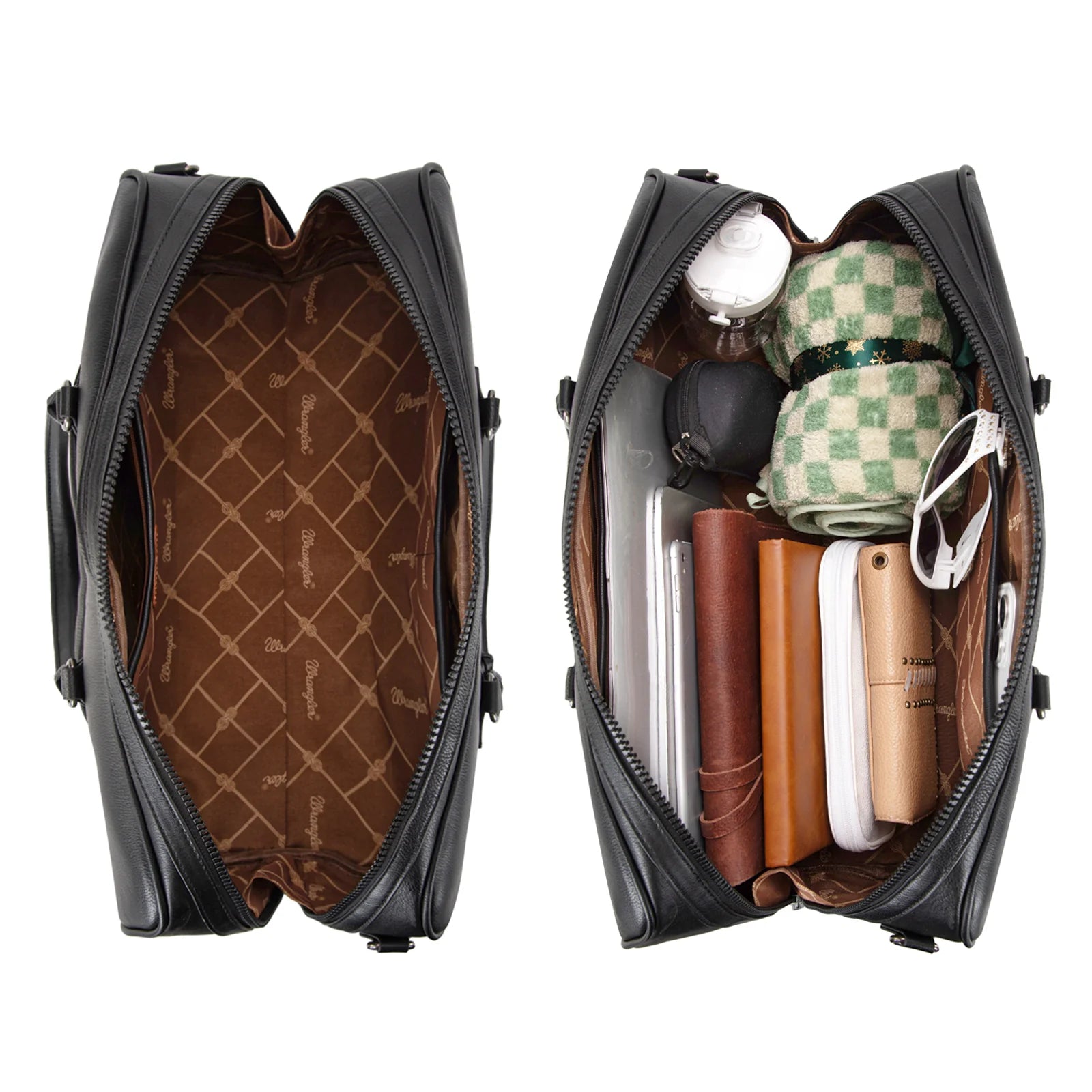 Interior capacity of Wrangler duffle bag – open and packed views showing whipstitch bag filled with travel items like laptop, towel, and sunglasses.