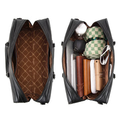 Interior capacity of Wrangler duffle bag – open and packed views showing whipstitch bag filled with travel items like laptop, towel, and sunglasses.