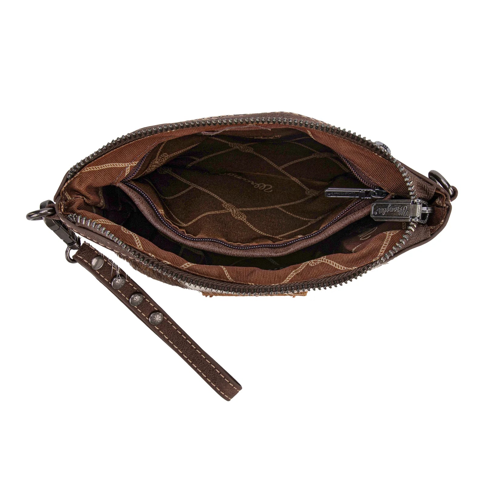 Top view of Wrangler Genuine Hair-On Cowhide Crossbody wristlet interior showing card slots, zippered pocket, fabric lining, and organized multi-compartment design.