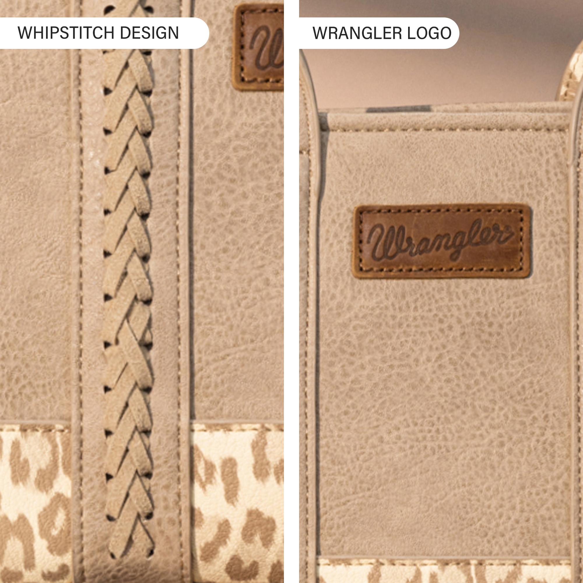 Close-up of Wrangler leopard crossbody tote bag showing whipstitch detailing and embossed Wrangler logo on vegan leather.