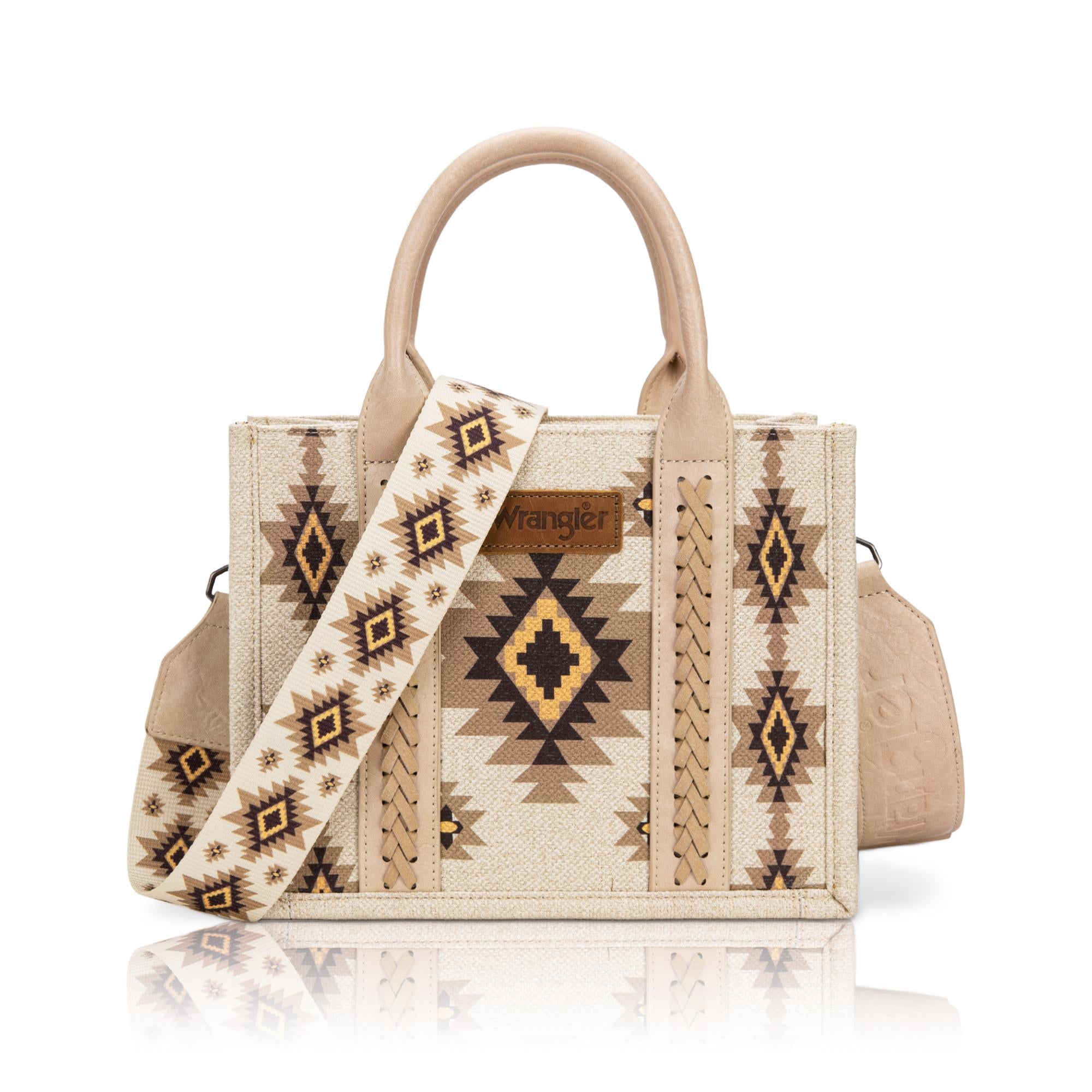 Beige handbag with patterned strap on a white background