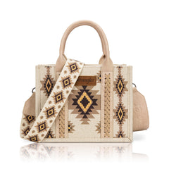 Beige handbag with patterned strap on a white background